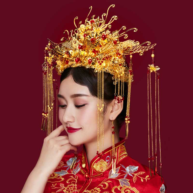Chinese Wedding Traditional Phoenix Coronet Long Tassel Tiaras Crowns Earrings Bride Wedding Party Jewelry Sets