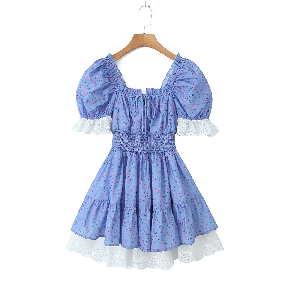 YENKYE Französisch Vintage Floral Print Sexy Off Schulter Kleider Frauen Spitze Patchwork Partei Sommer Kleid Kurze Robe Ziemlich: L / Blau