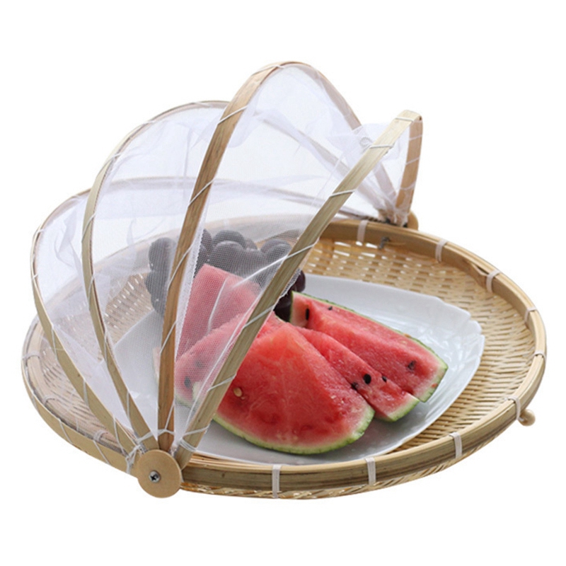 Handgemaakte Bamboe Geweven Bug Proof Rieten Mand Stofdicht Picknick Fruit Lade Voedsel Brood Gerechten Cover Met Gaas