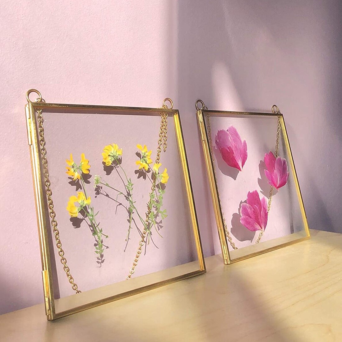 2Pcs Glass Frame for Pressed Flowers, Leaf and Artwork - Hanging Square Metal Picture Frames,Clear Double Glass Floating