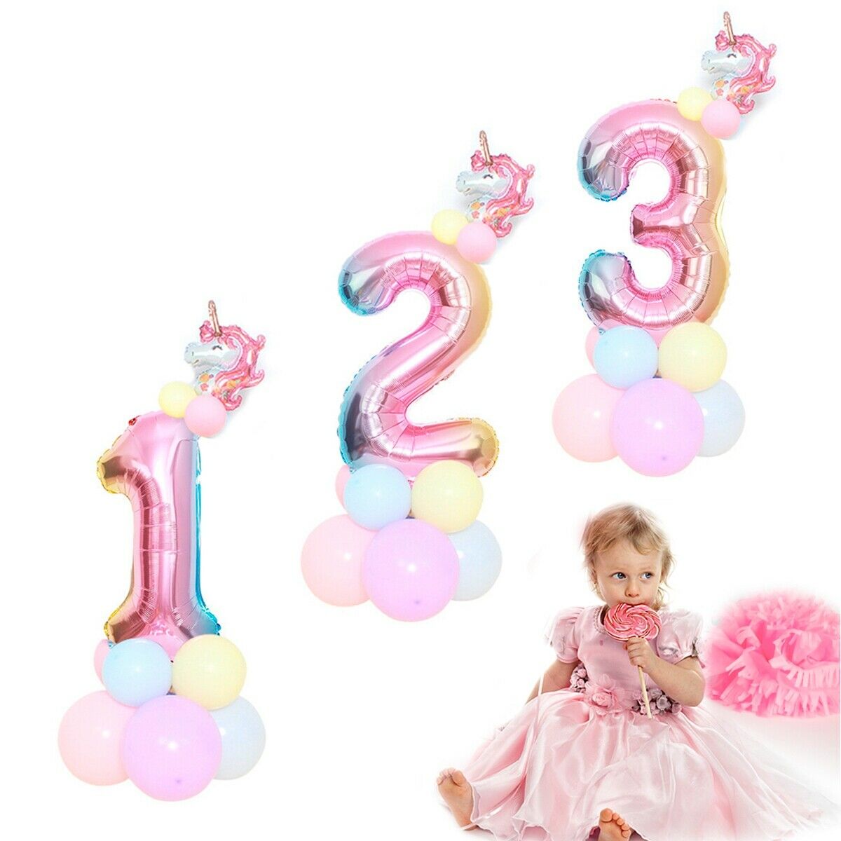 32'' Giant Number Foil Latex Balloon Rainbow Happy Birthday Kids Favor Unicorn Party Decor Gender Reveal Baby Shower Girl