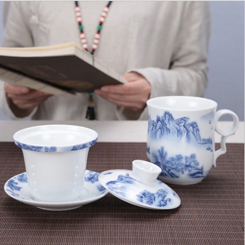 Cuatro juegos de tazas de té de cerámica filtrada, tazas de té y tazas de beber decoración de granja Gaiwan decoración de la habitación de porcelana azul