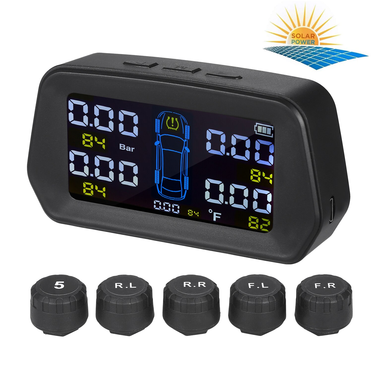 Tire Pressure Monitor Monitoring System Solar Powered with 4 External Sensors 6 Alarm Function Real Time Display Pressure