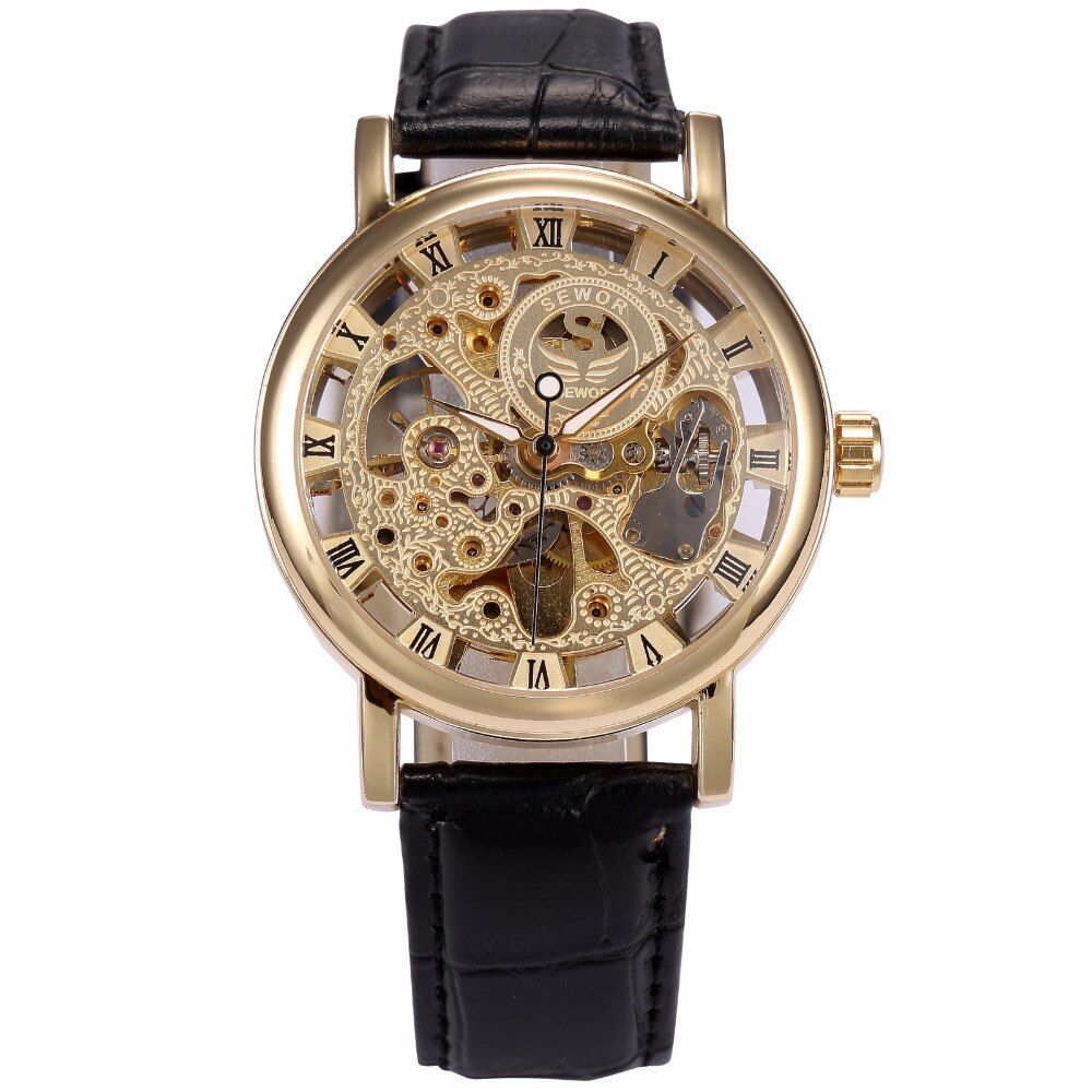 SEWOR Luxe Mechanische Horloge Gold Skelet Horloges Heren Lederen Band Horloges Klok Mannelijke Relogio Masculino
