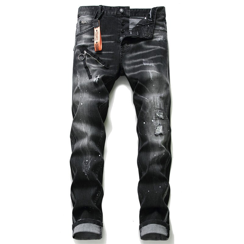 Trendy Trousers Spring and Summer Elastic Black Ripped Jeans Men's European and American Slim Small Straight Big-name Long Pants: 34(50)