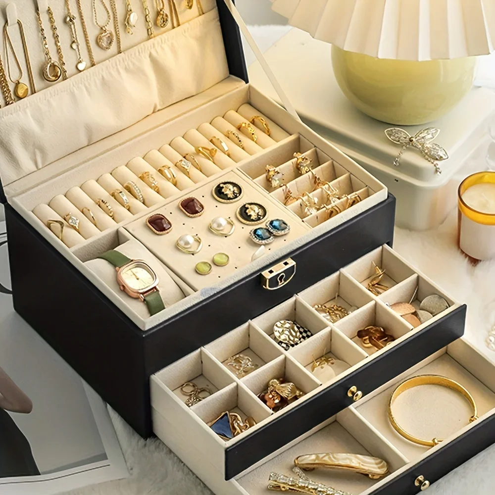 Caja de almacenamiento de joyas, pendientes de collar exquisitos de alta gama, joyero de oro, joyero multicapa de gran capacidad