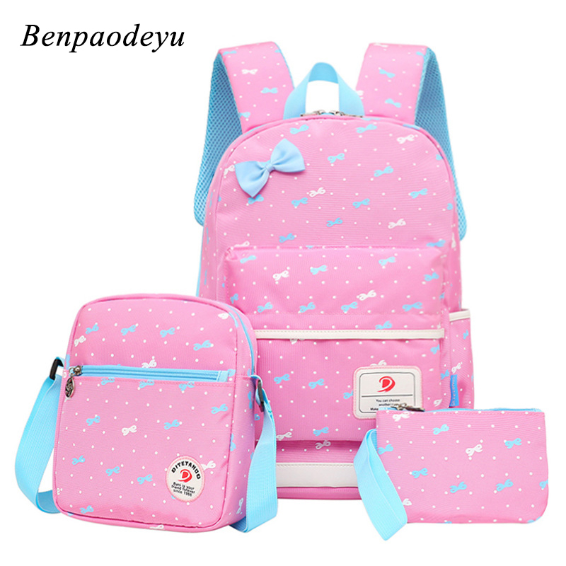 Kinderen Schooltas Leuke Boog Print Meisjes Rugzak Mode Student Bookbags 3 Delige Set Kids Rugzakken Crossbody Tas Clutch Bags
