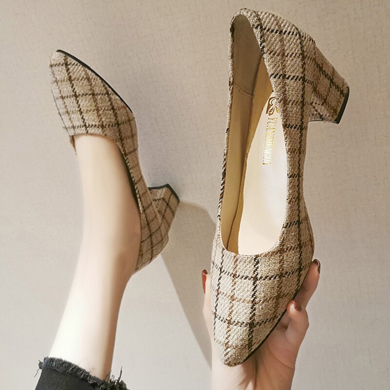 Plus Size Women Dress Shoes Ol Office Lady Shoes Costume Tweed Pump Plaid Boat Shoes Pointed Toe Ladies Shoe zapatos mujer 7905N