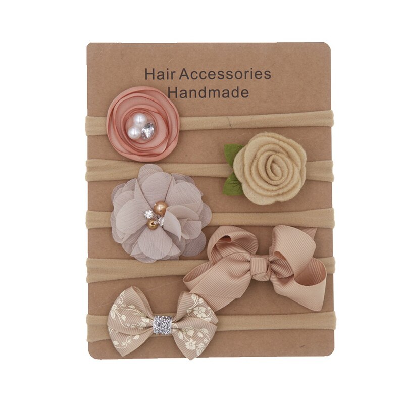 5 Pcs/Set Nylon Soft Baby Headband Pearl Flower Baby Girl Headbands Lace Bow Infant Kids Elastic Hair Band: flower