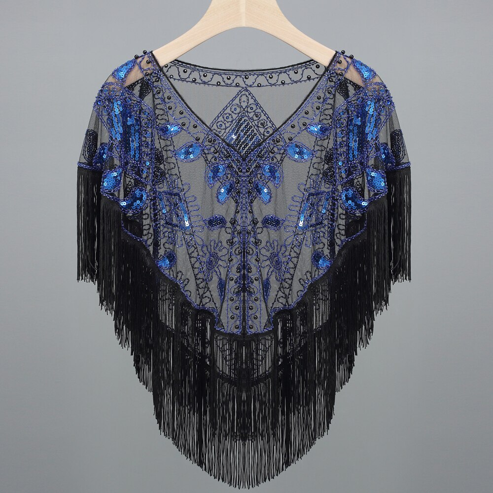 Vrouwen 1920 S Lovertjes Sjaal Met Kwastjes Kralen Parel Fringe Sheer Mesh Wraps Gatsby Flapper Bolero Cape Cover Up: black blue