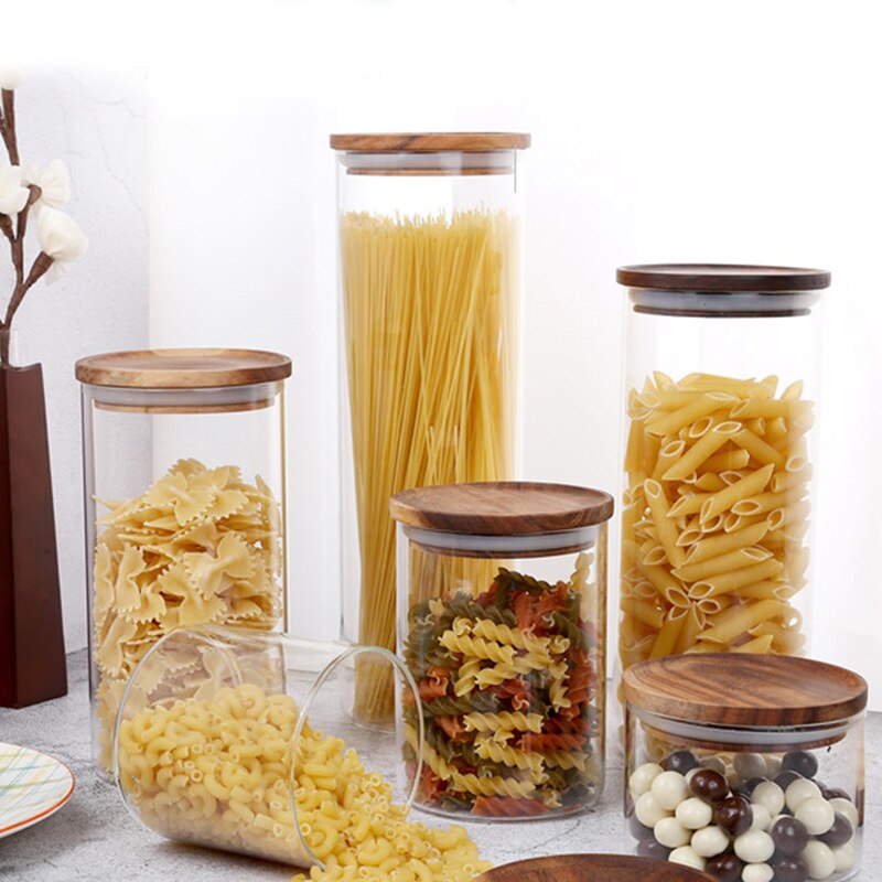 Transparent Heat-resistant Glass Bottle Sealed Jar High-grade Acacia Clear Container with Wooden Lid Kitchen Food Storage Tank