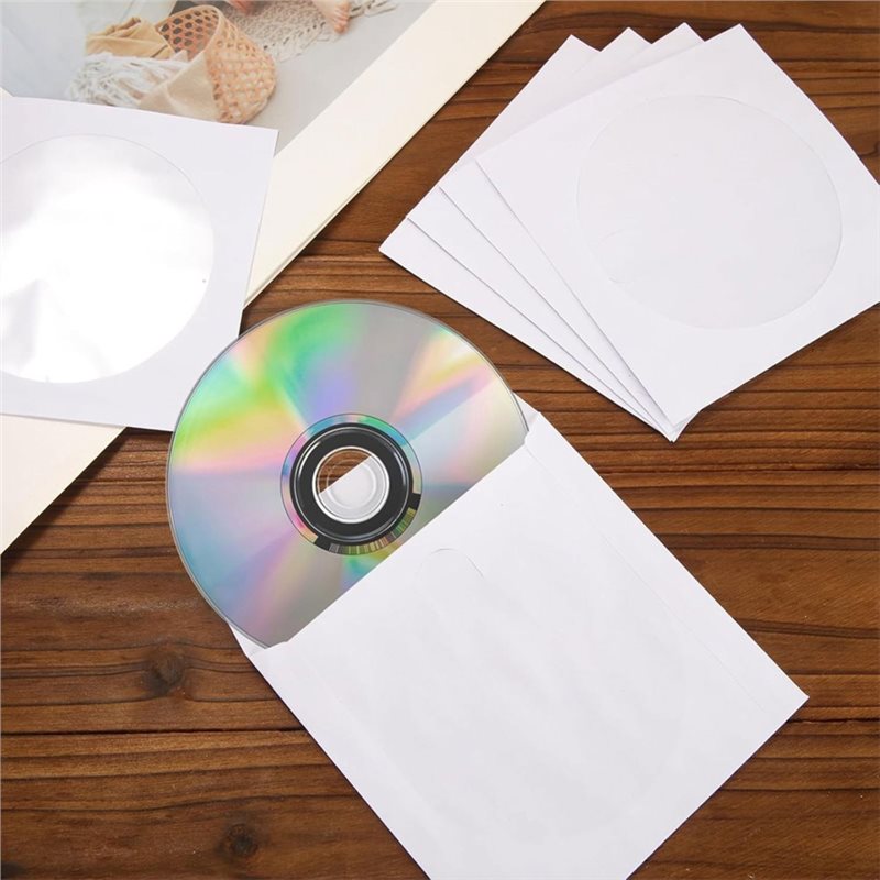 Envelopes para CD/DVD, 200 unidades, papel branco, com janela recortada e aba.