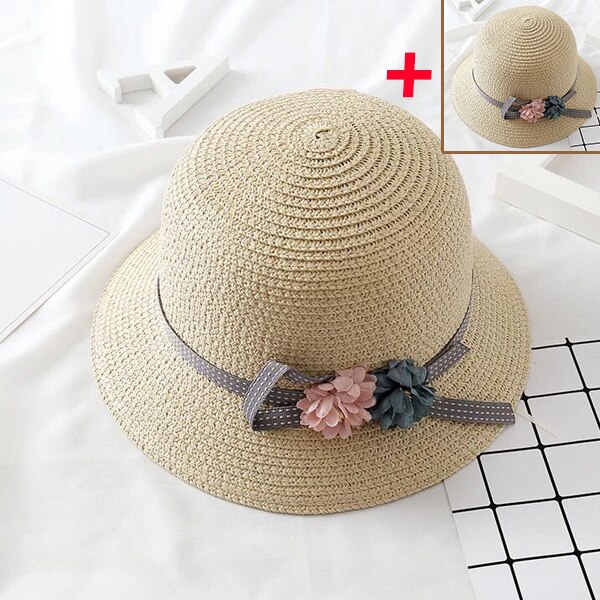 2 uds mujeres sombrero de paja nudo lazo Floral de ala ancha Parental-niño gorra para playa YS-BUY: hat beige sakura