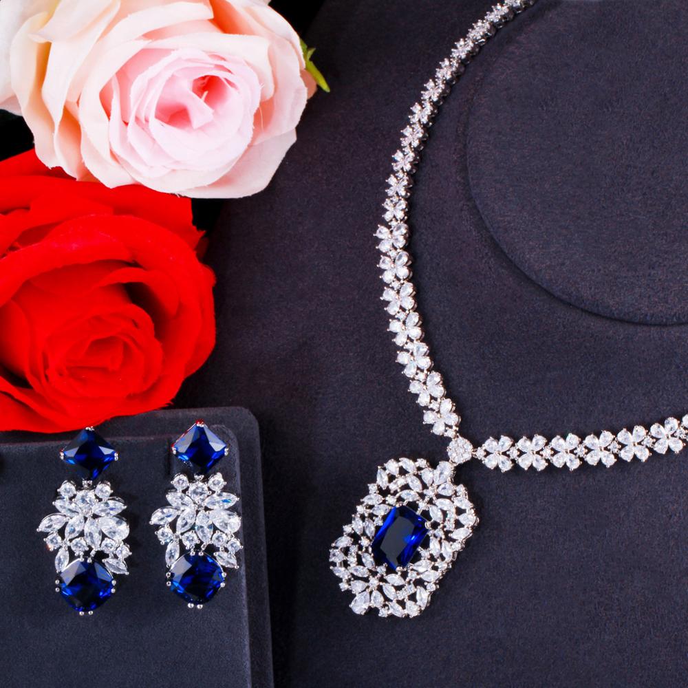 Cwwzircons Shiny Wit Goud Kleur Royal Blue Cz Steen Vrouwen Luxe Bruiloft Ketting En Oorbellen Sieraden Set Voor Bruiden T495