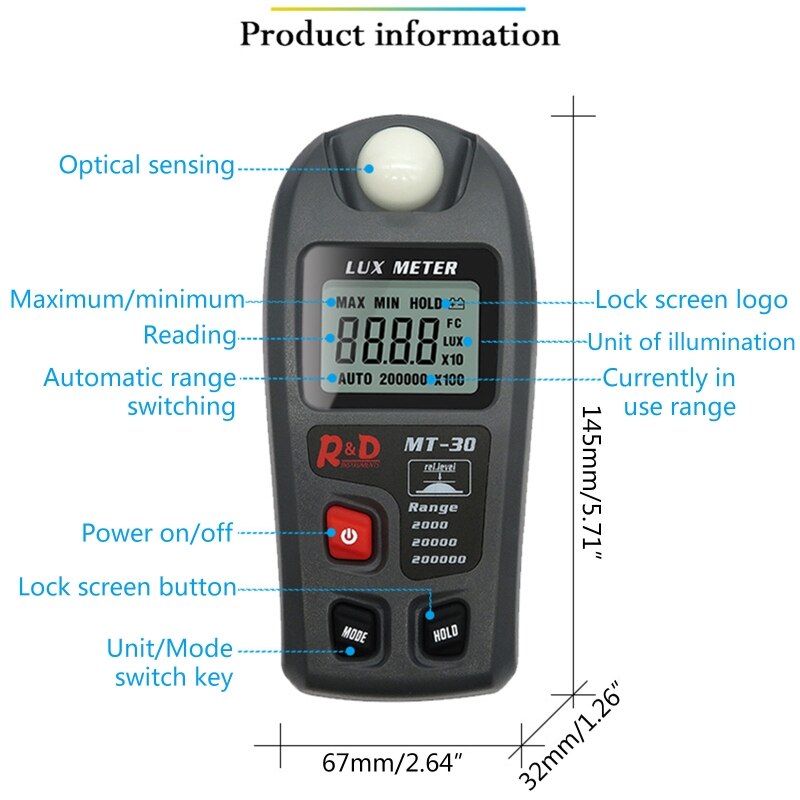 Lux meter 0 ~ 200,000 lux rækkevidde lysmåler illuminometer lux / fc fotometer tester