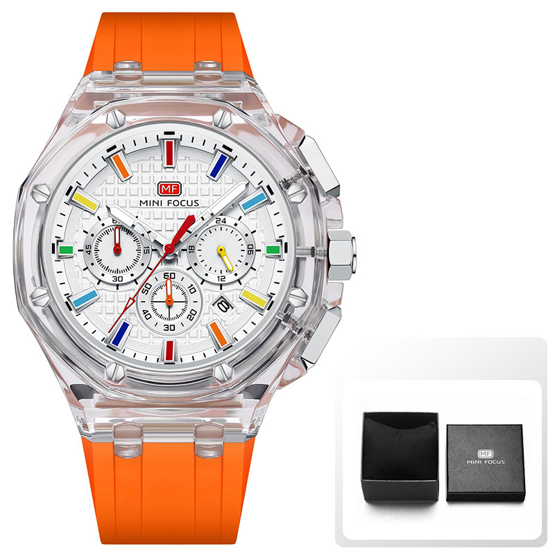 MINI FOCUS Relojes deportivos de cuarzo para hombre con correa de silicona naranja Cronógrafo Reloj de pulsera luminoso resistente al agua con calendario
