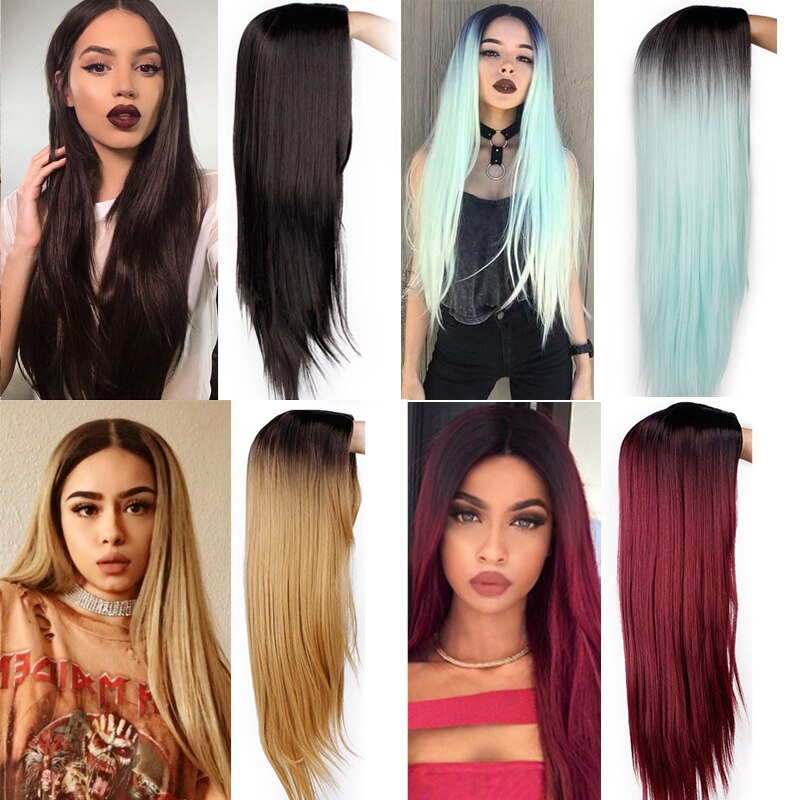 Stamped Glorious 26inches Synthetic Wig Straight Long Black Wig MiddlePart Heat Resistant Fiber Hair Wigs for women