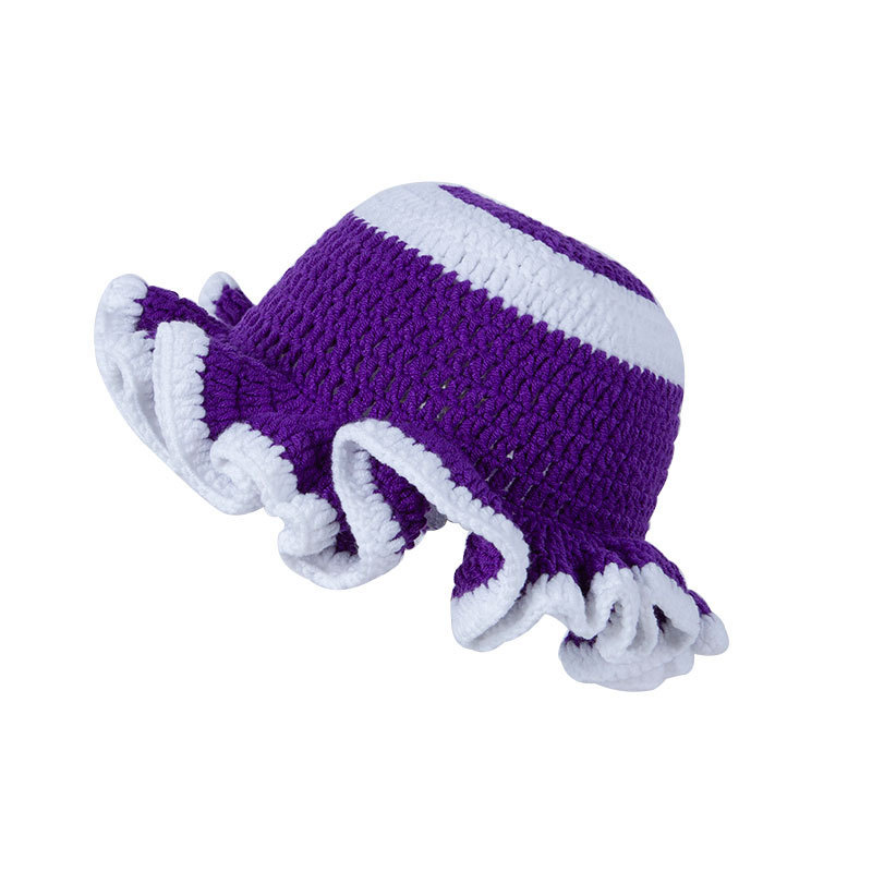 Colorful Crochet Ruffle Brim Knit Bucket Hats Winter Woman Handmade Stretch Fisherman Cap Outdoor Warm Windproof Beanie Hat: Blue