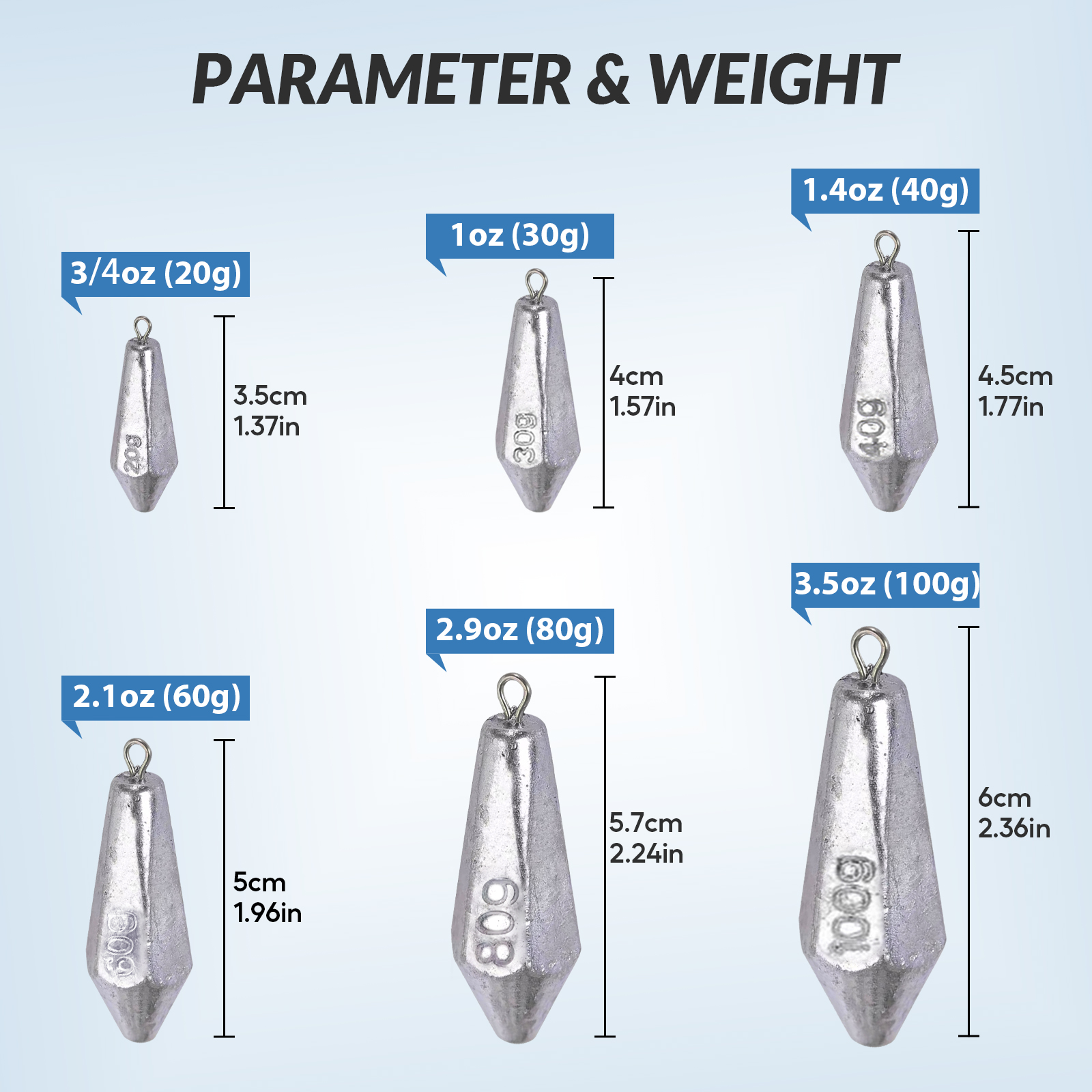 Kit de plomos de pesca de 100g, 6 uds., 20g-80g, pesos de pesca, forma Hexagonal, fundición, tiro de gota, peso largo y aerodinámico