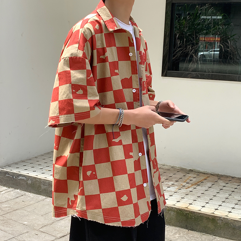 Los hombres coreano a cuadros camisas de manga corta de Verano de las mujeres Harujuku blusas ropa informal japonesa Hip Hop abotonada camisas: Red / L