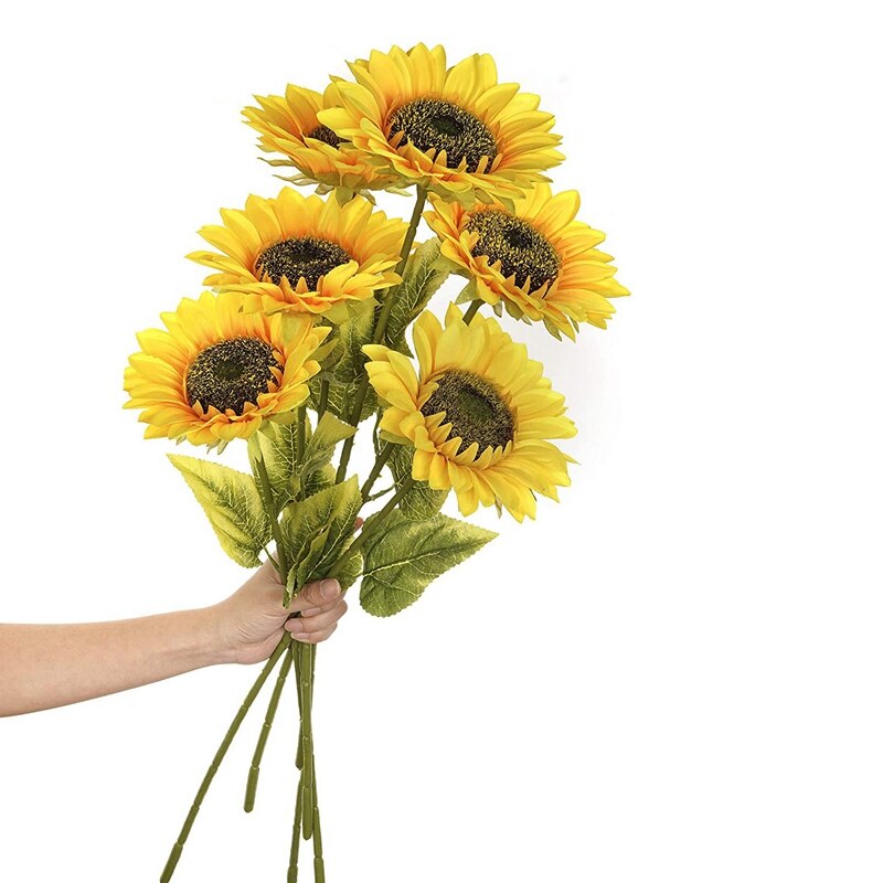 Kunstmatige Zonnebloemen Boeket 6Pcs Enkele Lange Stem Bridal Wedding Boeket Gele Bloem Indoor Garden Party Decoraties