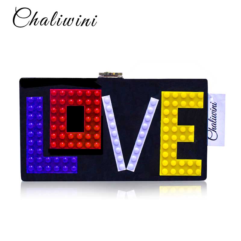 Liefde Letters Zwart Acryl Vrouwen Avond Clutch Bag Keten Schouder Handtassen Crossbody Hardcase Koppelingen Wedding Party Prom Purse: Default Title