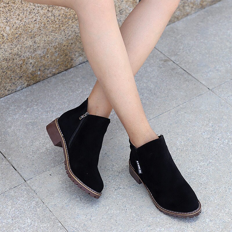 Dame ankelstøvler høst dame semsket skinn firkantede lave hæler plattform klassiske sko dame fritidssko
