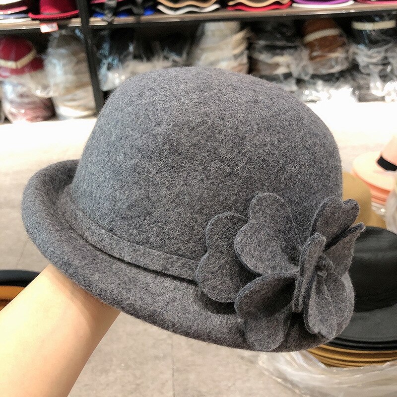 Sombrero Fedora con flores para mujer, sombrero de lana de 100% estilo inglés, Estilo Vintage, Boina de pintor francés,: Gray