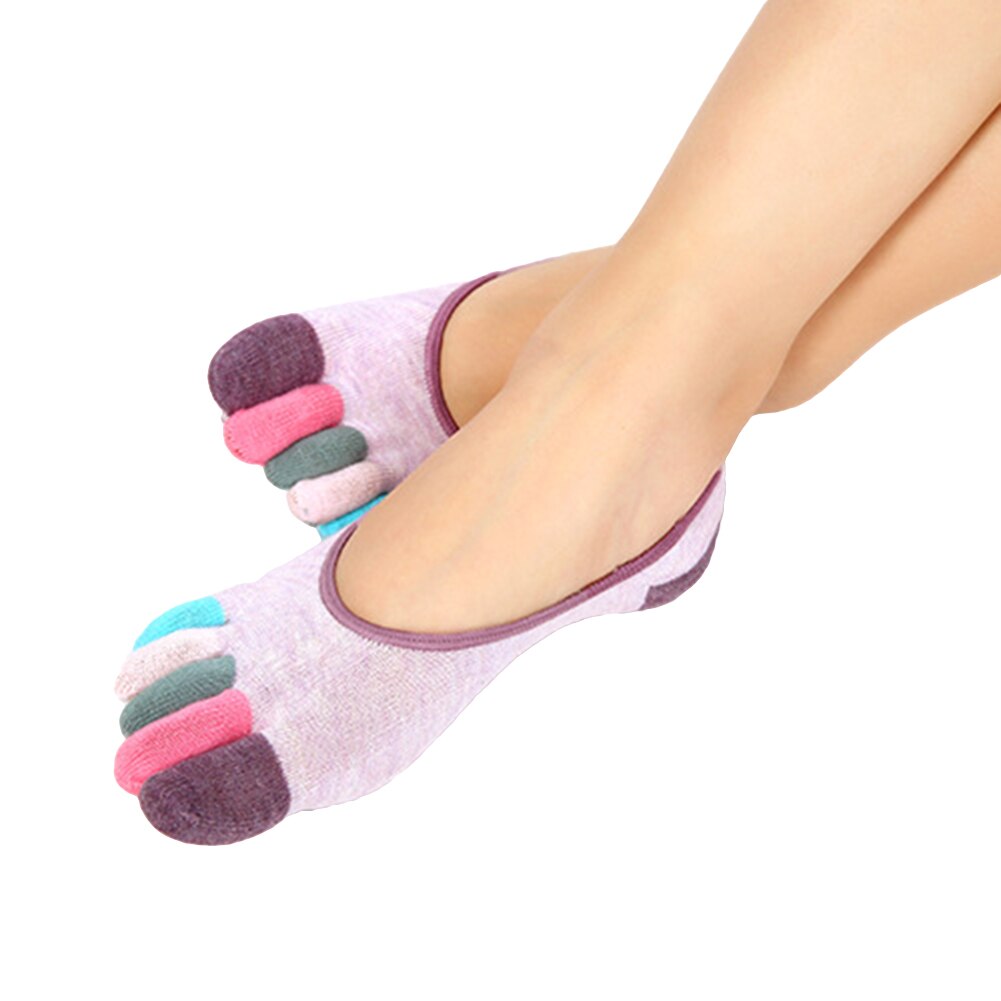 Farve blokerende bomuld kvinder multi-farve lav cut foråret fem tå sokker: Lys lilla