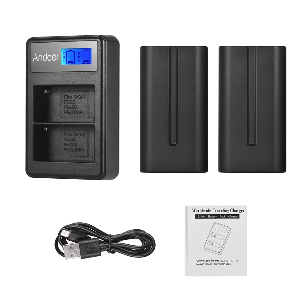 Andoer F550 caméra chargeur de batterie Kit 2 * NP-F550 batterie + LCD2-NPF550 double canal chargeur de batterie LCD affichage pour vidéo lumière