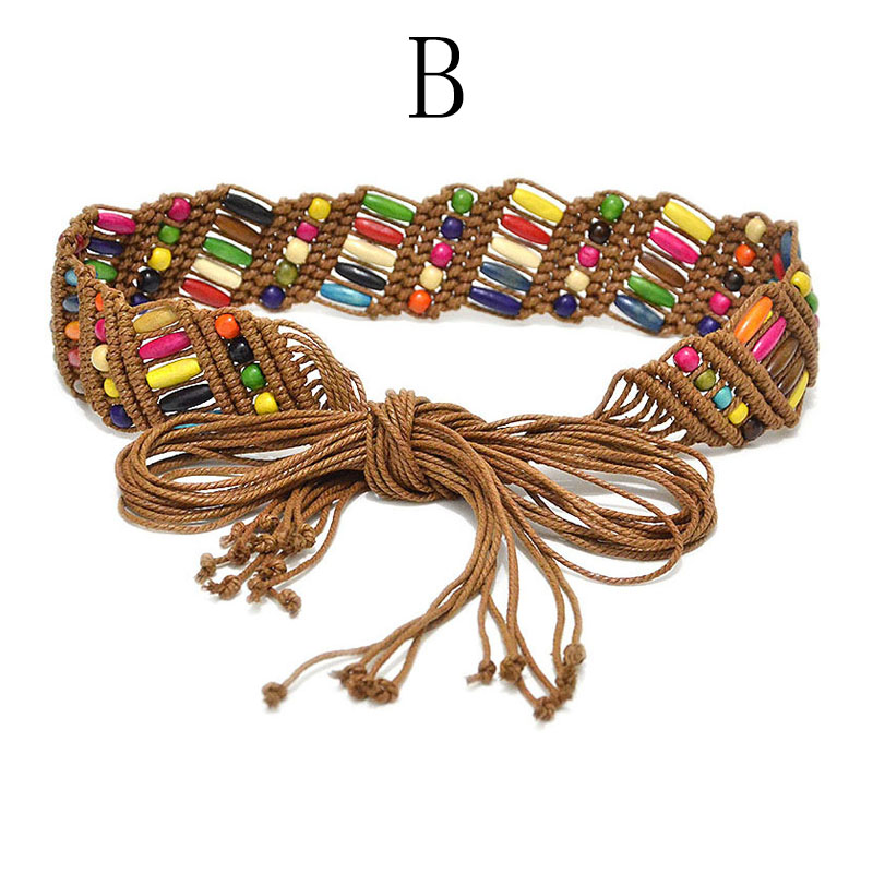 Correa de cera de viento étnica para mujer, cinturón tejido hecho a mano, cadena de cintura Bohemia, accesorios de vestido, cinturón de falda: B