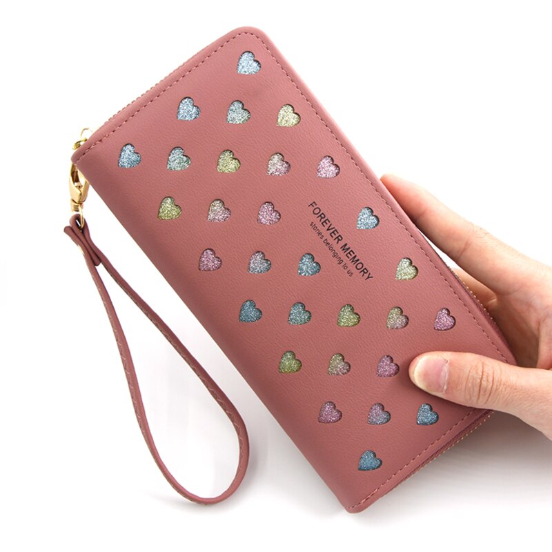 Portafoglio donna Long Love Heart Hollow Design borsa per telefono porta carte di credito in pelle ad alta capacità portafogli frizione Carteira Feminina