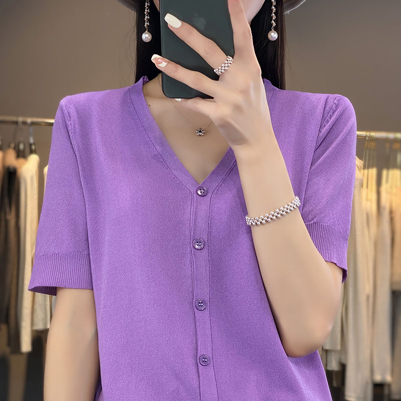 Lente En Zomer Nieuw Ijs Zijde Vest Korte Mouw V-Hals Joker Losse Dunne T-Shirt Trui Bottom Shirt Top