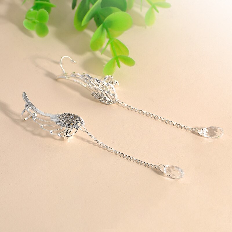 YOYORan 1 Pair crystal wing water clip earring for woman fear cuff feather long chain bead charm clip earring ear cuff jewelry