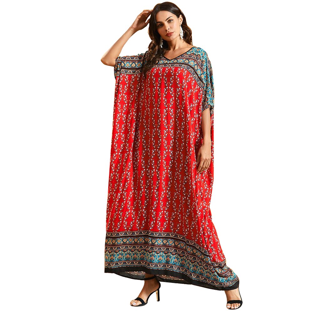 Dubai maxi kaftan naiset muslimi mekko print boheemi ranta kesä kaftaani viitta oversize arabi puku abayas islamilainen vaatteet