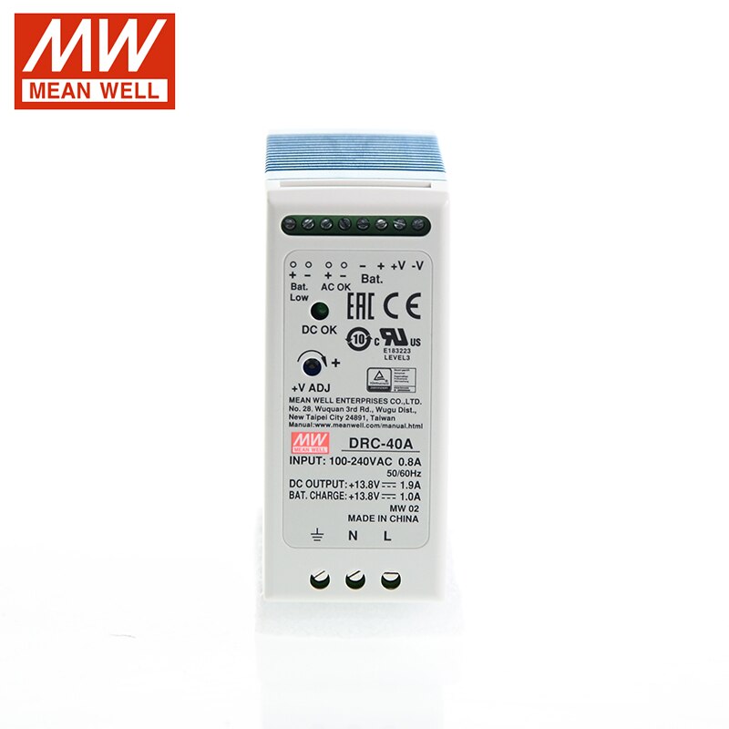 MEAN WELL DRC-40A Switching Power Supply 40W 12~15V 110V/220V AC to 13.8V DC 1.9A DIN Rail Battery Charger with UPS Function
