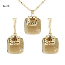 Luxe Gouden Metalen Dubai Sieraden Sets Geometrische Vierkante Champagne Kristallen Oorbellen Hanger Ketting Sets voor Vrouwen