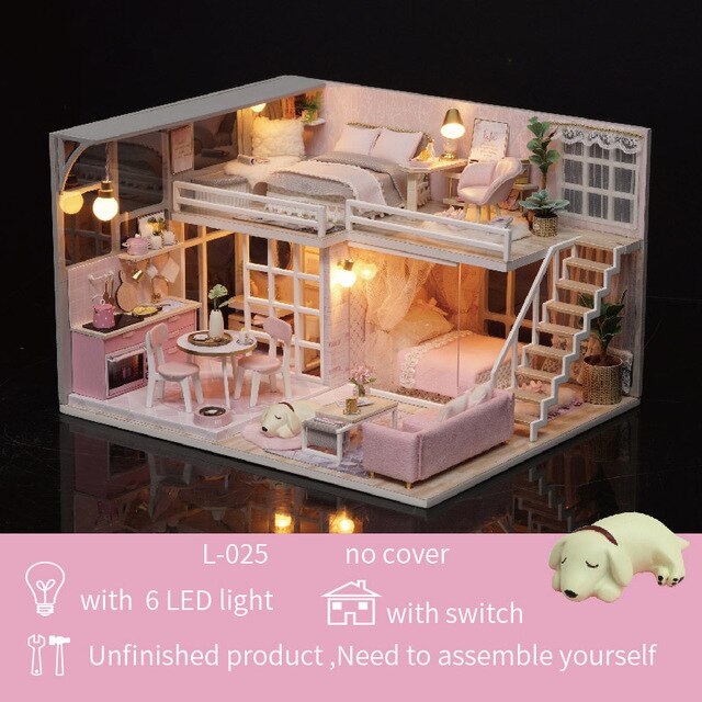 Tee itse mini nukkekoti malli nukkekotikalusteet led valo 3d puinen mini nukkekoti käsintehdyt lelut lapsille  l023 # e: L025 no kansi