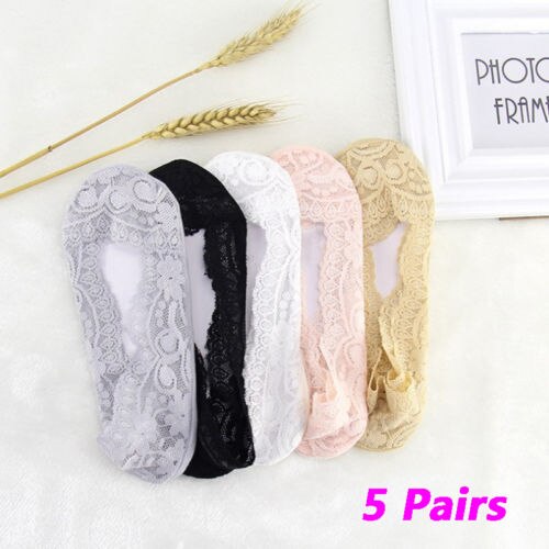 5 Pairs Ladies Slipers Skin Shoe Liners Footsies Invisible Thin Lace Socks Sheer Women Floral Lace Socks