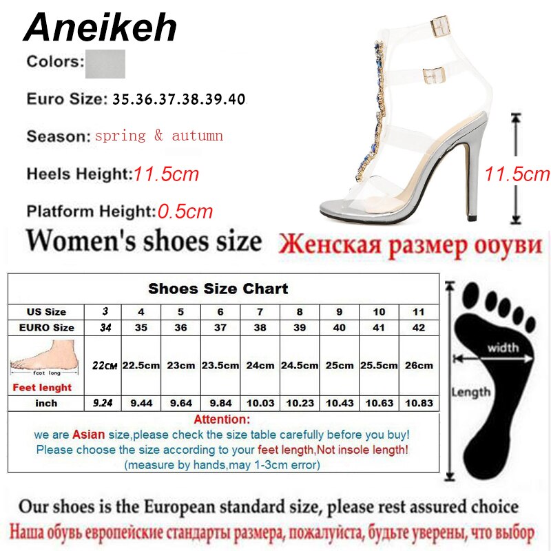 Aneikeh Zilveren vrouwen Sandalen Sexy PVC Transparant Gladiator Sandalen Vrouw Open Teen T-strap Strass Hoge hak Schoen