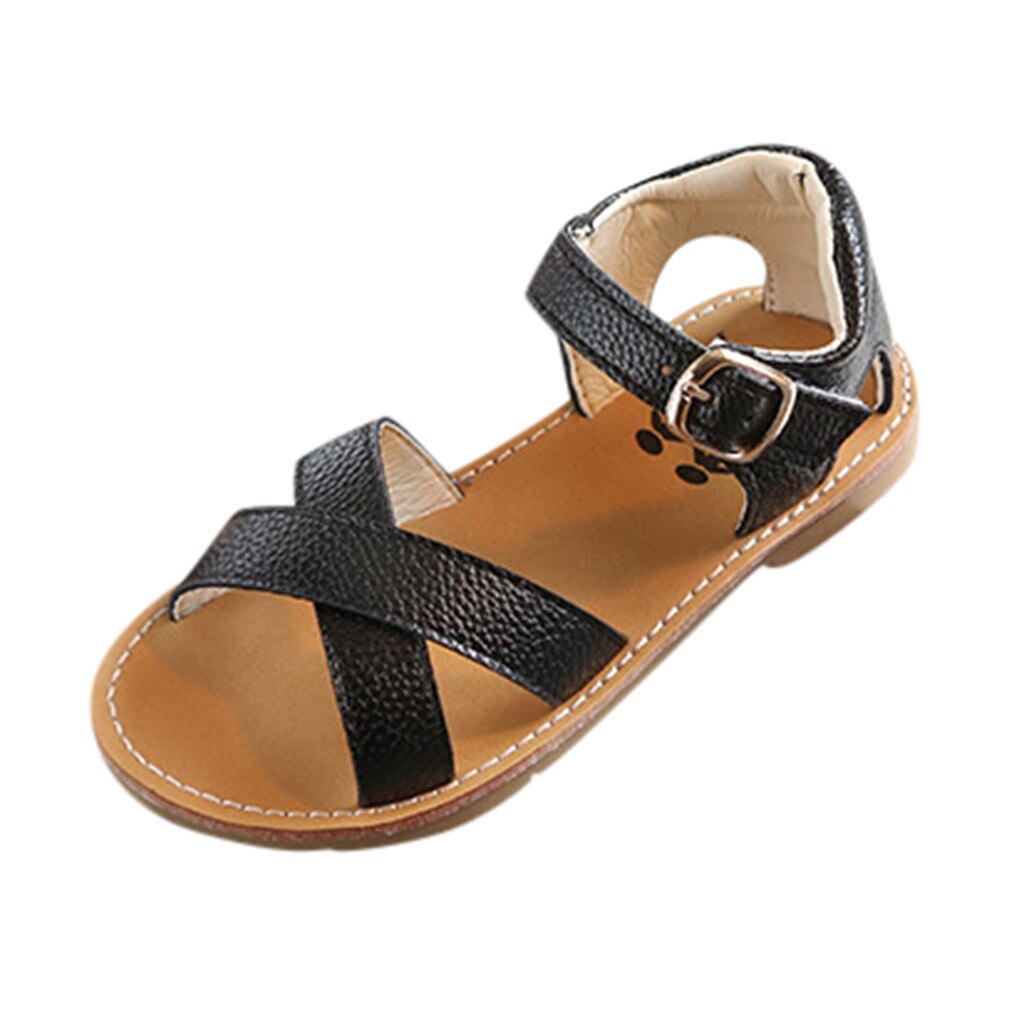 Summer Children Kids Girl Boy Outdoor Soft Cross Sandals Slippers Shoes Anti-Slip Hook & Loop Baby Shoes: Black / 7