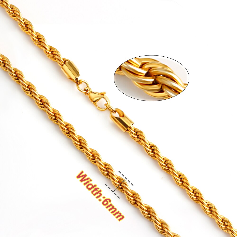 Rope Chain Necklace for Women Men Stainless Steel Twisted Necklace Jewelry 2/3/4/5/6/7 Width: Gold6mm / 50cm