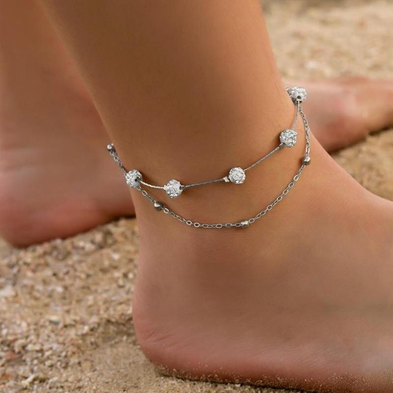 Double Plage Cheville Or Argent Couleur D'été Plage Pied jambe Feminin Sandales Pieds Nus cheville Accessoires Bracelet R1W6