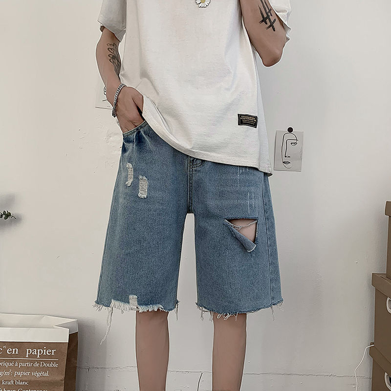 Sommer ripped denim shorts herre retro afslappet hul korte jeans herre streetwear løse lige denim shorts herre s -3xl