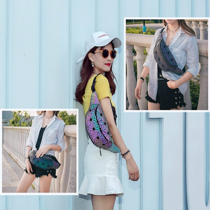 Holographic Waist Bag Geometric Pack for Women&Men Travelling Purse Wallet Luminous Belt Bum Iridescent Chest Bag