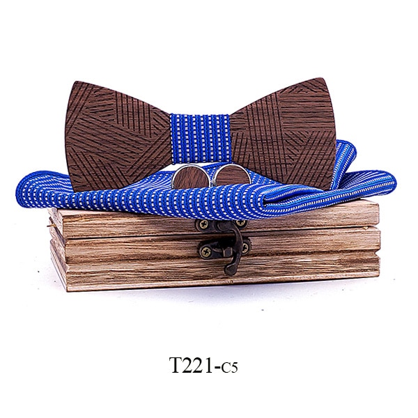 Conjunto de pajarita de madera a cuadros para hombre, conjunto de pajarita de madera a rayas, pañuelo y gemelos con caja de madera para hombre, de boda: T221-C5