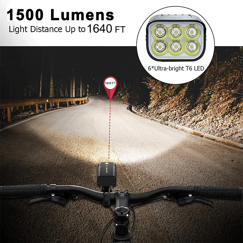 PHMAX Luce anteriore per bicicletta Faro per bici ricaricabile tramite USB 1500 lume Torcia per montagna bicicletta in alluminio impermeabile