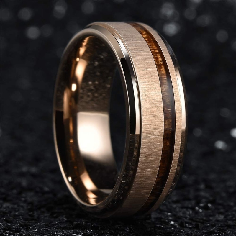 Stainless Steel Rose Gold Colour Wedding Rings Koa Wood Engagement Rings Comfort Fit And Men's Tungsten Party Jewelr: 6