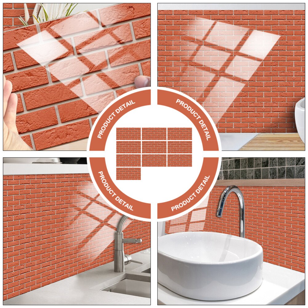 10Pcs Red Brick Stickers Kitchen Bathroom Wall Stickers Vintage Wall Murals