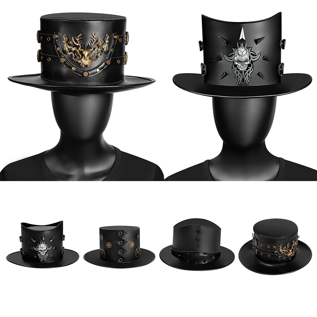 Gotische goochelaar hoge hoed pu leer unisex steampunk halloween feest petten